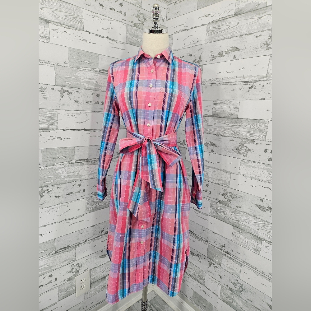 J. Crew Pink and Blue Plaid Long‎ Sleeve Dress
